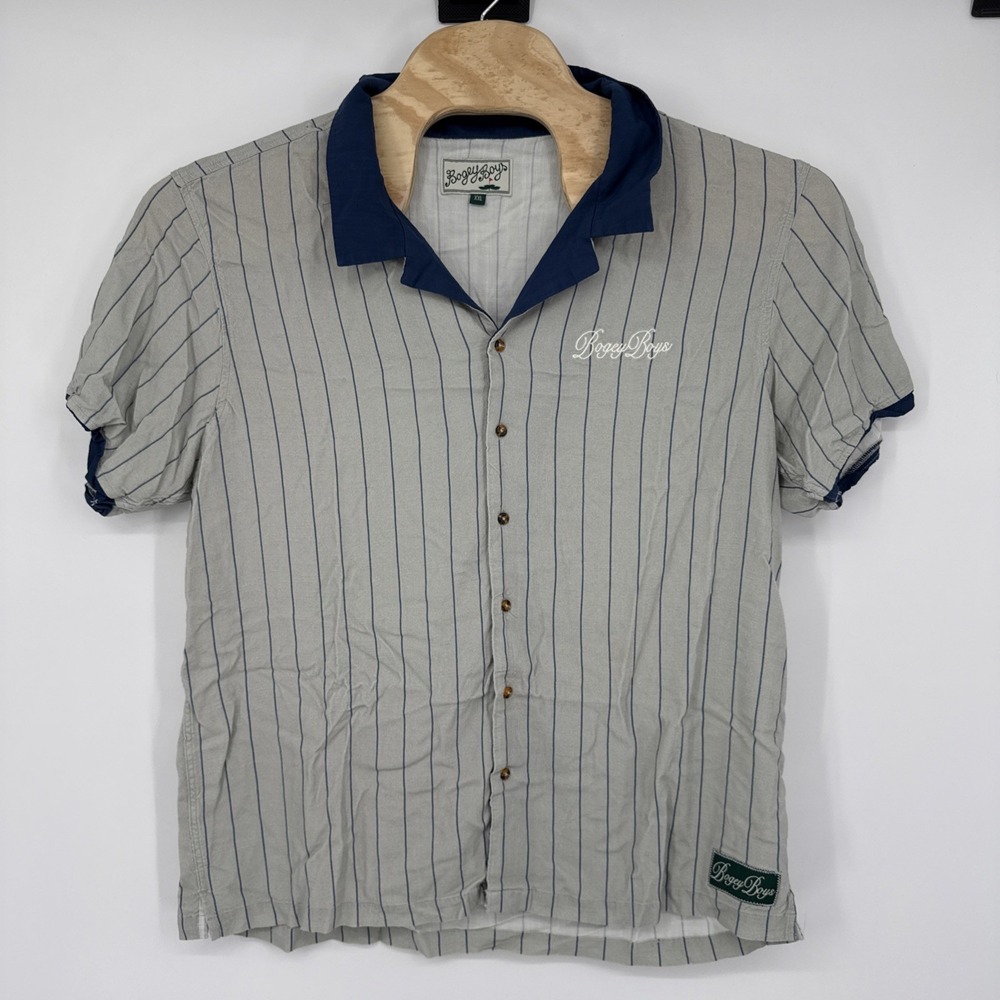 BOGEY BOYS Golf Button Up Shirt Mens XXL Short Sleeve Gray Pinstripe Embroidered